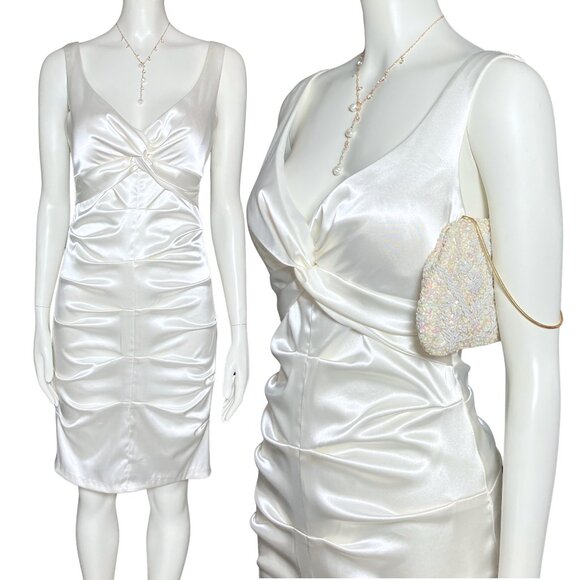 Vintage Y2K Off White Satin Party Dress Small Hoco Bachelorette Cocktail Bodycon - Picture 1 of 10